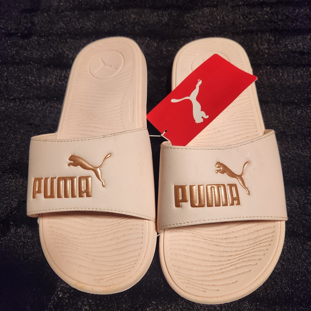 Puma Cream Slides with Gold Logo